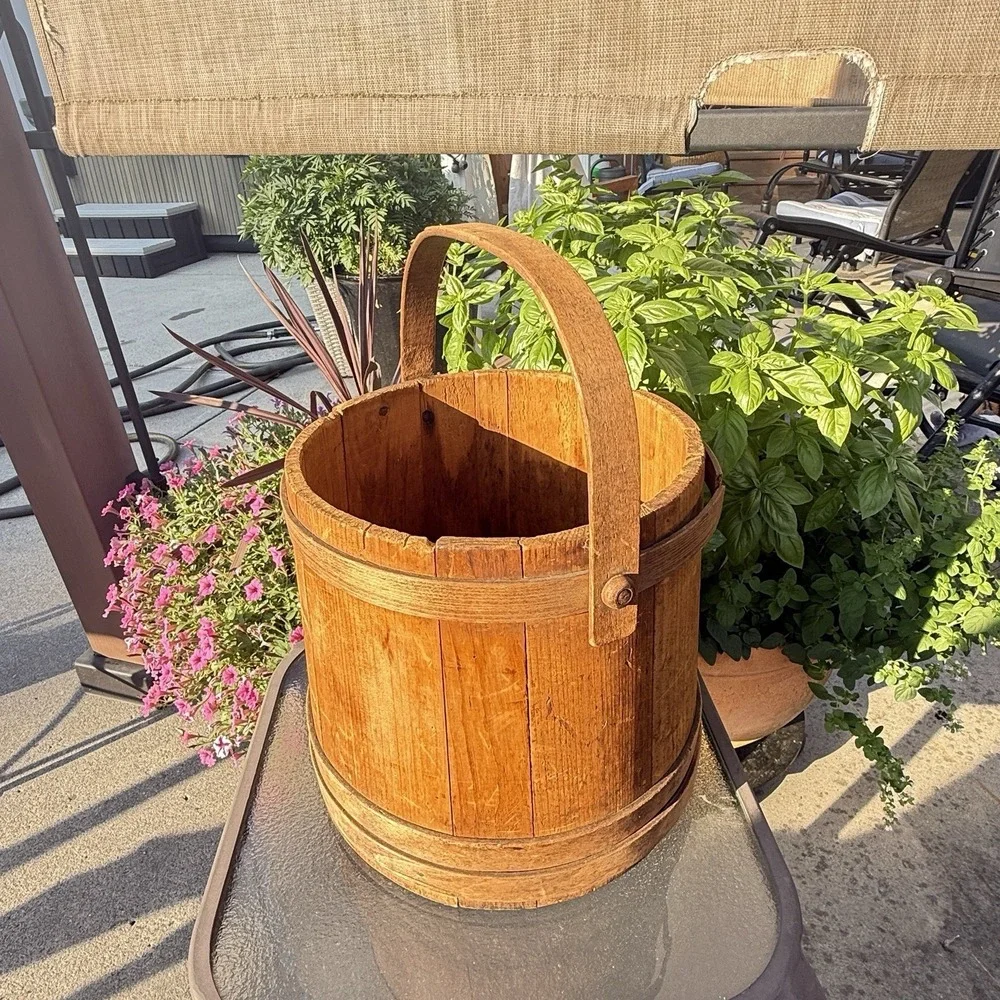 Antique Wooden Firkin Rustic Sugar Bucket Pail with handle  10